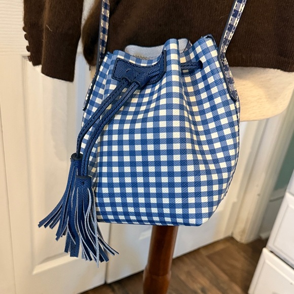 J. Crew Handbags - J.Crew Gingham Bucket Crossbody Bag Blue & White